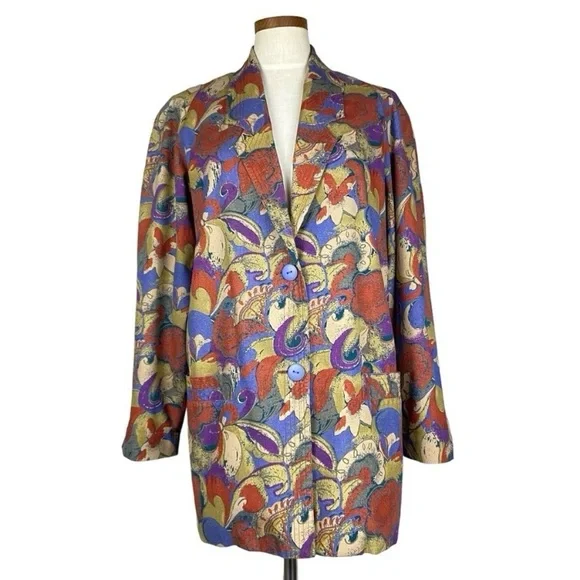 Vintage La Fleur Raw Silk Abstract Floral Blazer Sz M - Picture 3 of 12